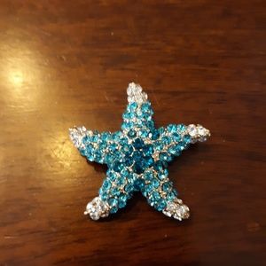 Blue rhinestone star fish brooch 1.5 in